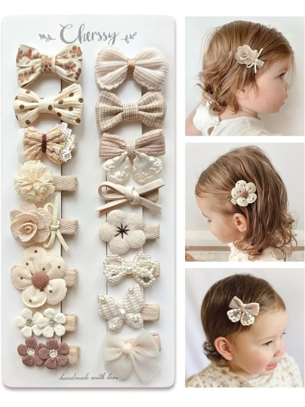 Beige Baby Hair Bow Clips - 16pcs Floral Barrettes, Non-Slip Alligator Clips for